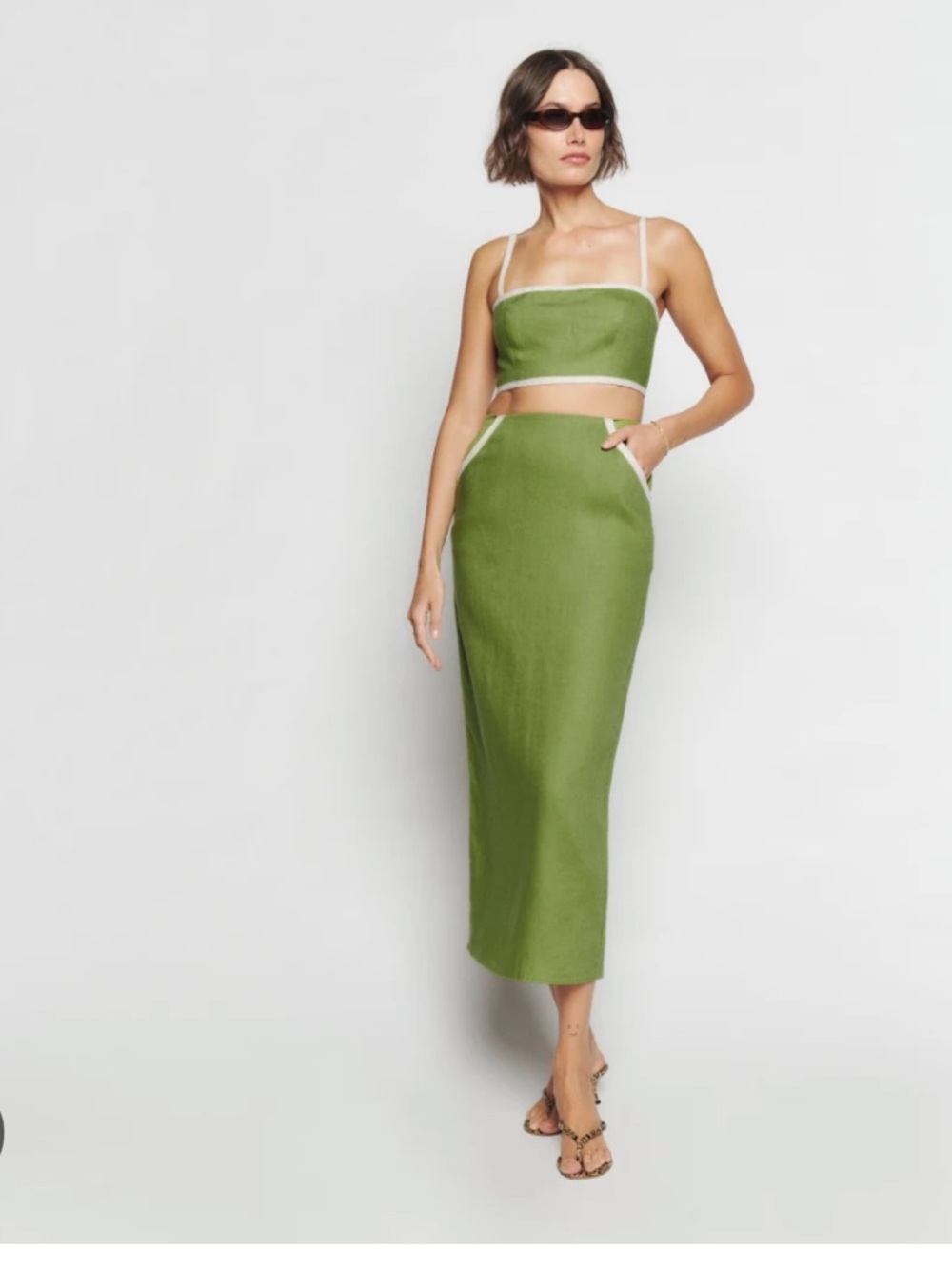 Reformation Elena Linen Skirt Set Avocado Green